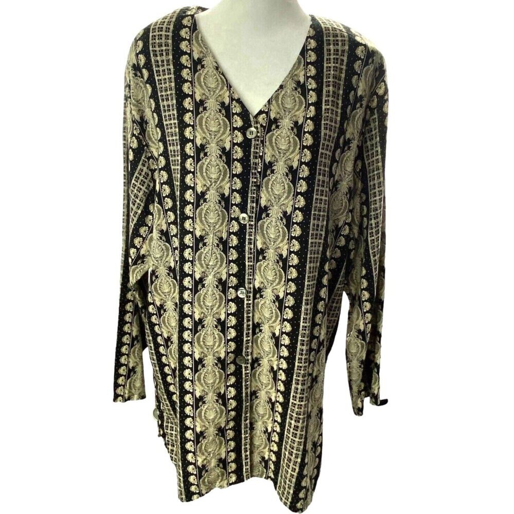 Vtg AMARA Women Blouse Brocade Long Sleeve Button Front Sz XL Black Gold 56-28